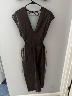 Backless Faux-Leather Brown Cutout Dress